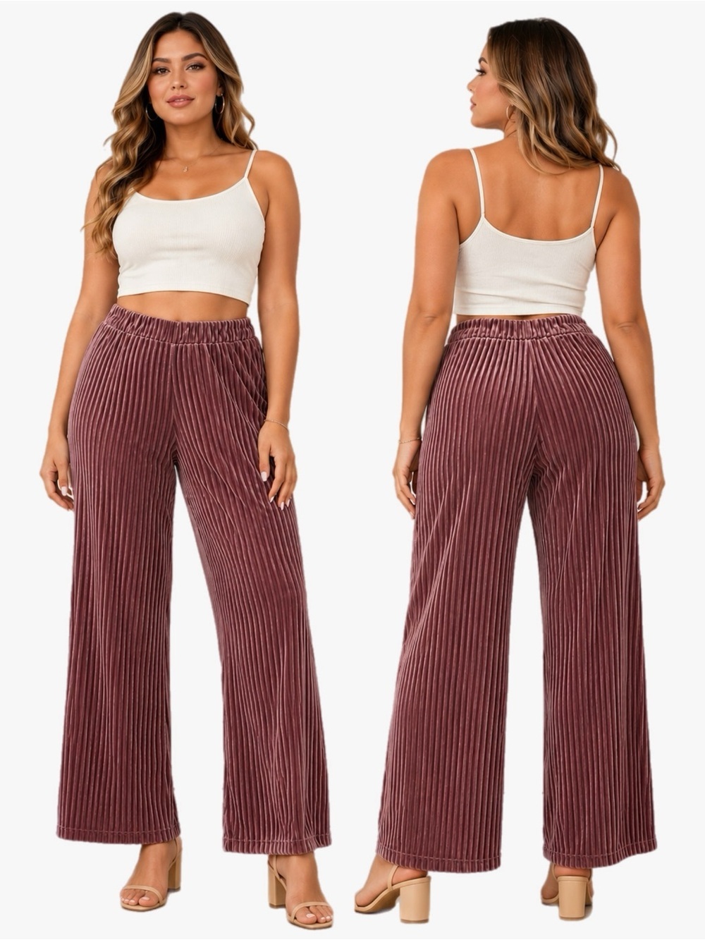 Shein Curve Mauve Pink Ribbed Crushed Velvet Wide Leg Stretch Pants Plus Size 2X